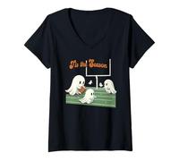 Womens Halloween Football Season Ghosts Spooky Tis the Season V-Neck T-Shirt