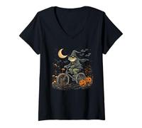 Womens Halloween Frog Riding Bicycle Spooky Forest Jack O Lantern V-Neck T-Shirt