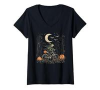 Womens Halloween Frog Riding Bicycle Spooky Pumpkin V-Neck T-Shirt