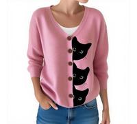 Women's Halloween Fun Black Cat Print Cardigan Sweater Autumn Cute Long Sleeve Knit Buttoned V-Neck Sweatshirt Tops