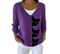 Women's Halloween Fun Black Cat Print Cardigan Sweater Autumn Cute Long Sleeve Knit Buttoned V-Neck Sweatshirt Tops