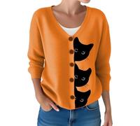 Women's Halloween Fun Black Cat Print Cardigan Sweater Autumn Cute Long Sleeve Knit Buttoned V-Neck Sweatshirt Tops