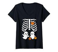 Womens Halloween Funny Costume Pregnant Mom Twins Pumpkin Rib Cage V-Neck T-Shirt