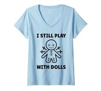 Womens Halloween Funny Quote i Still Play with Dolls Voodoo Doll V-Neck T-Shirt