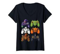 Womens Halloween Gaming Controllers Witch, Frankenstein, Ghost V-Neck T-Shirt