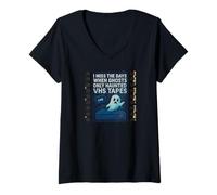 Womens Halloween Ghost 1980s Aesthetic VHS Haunted Vintage V-Neck T-Shirt