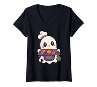 Women's Halloween Ghost Baking Cookies Cozy Autumn Kitchen V-Neck T-Shirt