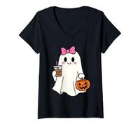 Womens Halloween Ghost Drinking Coffee iced Coffee Costume Women V-Neck T-Shirt