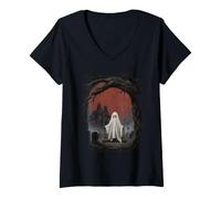 Women's Halloween Ghost Full Moon Gothic Horror Mystery Motif V-Neck T-Shirt
