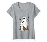 Womens Halloween Ghost Girl and Black-Cat Spooky Season Fall Vibes V-Neck T-Shirt