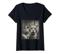 Womens Halloween Ghost Gym Workout Cat Selfie with Spooky Ghost V-Neck T-Shirt