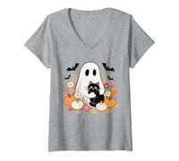 Womens Halloween Ghost Hugging Cats Spooky Season Fall Autumn Vibes V-Neck T-Shirt
