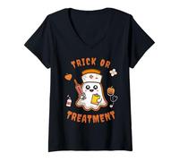 Womens Halloween Ghost Nurse Trick or Treatment Doctor Dentist V-Neck T-Shirt