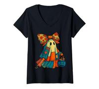 Womens Halloween Ghost Patchwork Quilt Quilting Sewing Lover Womens V-Neck T-Shirt