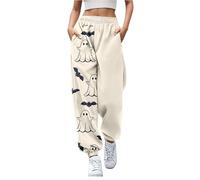 Women's Halloween Ghost Print Joggers, Loose Fit Drawstring Sweatpants, Elastic Waist Casual Lounge Pants, High Waist Relaxed Fit Spooky Bottoms, Comfortable and Stylish Jogging Trousers Beige