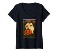 Womens Halloween Ghost Pumpkin Poster V-Neck T-Shirt