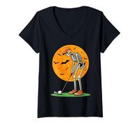Womens Halloween Golf Skeleton Spooky Golfer Halloween Golfing V-Neck T-Shirt