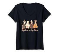 Womens Halloween Goose Ghoul-se On The Loose Spooky Bow Cottagecore V-Neck T-Shirt