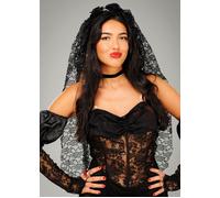 Womens Halloween Gothic Bride Long Black Lace Fancy Dress Veil with Flowers
