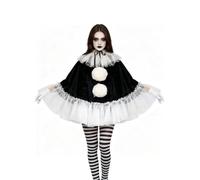 Womens Halloween Gothic Cape Adults Hooded Cloak Cosplay Party Costume | 2 Piece Set, 1PC Short Poncho with Pom Pom Detail & Tulle Trim, 1PC Tulle Scarf, Halloween Role Play Masquerade Outfits