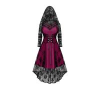 Womens Halloween Gothic Dresses A Line Long Sleeve Lace Hooded Costumes Casual Plus Size Y2K Fashion Ladies Tiered Dress Halloween Dresses for Women Long Hot Pink S