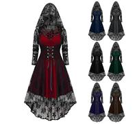 Womens Halloween Gothic Dresses A Line Long Sleeve Lace Hooded Costumes Casual Plus Size Y2K Fashion Ladies Tiered Dress Ladies Scary Halloween Costumes Wine XL