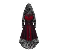 Womens Halloween Gothic Dresses A Line Long Sleeve Lace Hooded Costumes Casual Plus Size Y2K Fashion Ladies Tiered Dress Halloween Costumes for Women Scary Red M