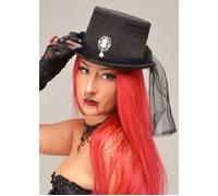 Womens Halloween Gothic Vampire Black Top Hat with Net Cameo and Feathers
