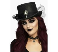 Womens Halloween Gothic Vampire Black Top Hat with Net Cameo and Feathers