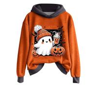Women's Halloween Graphic Print Hoodie - Cosy Fleece-Lined Pullover, Long Sleeve Casual Sweatshirt, Spooky Seasonal Streetwear Pullover Long Sleeve Sweatshirt Grey