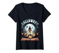 Womens Halloween Haunted Harvest Pumpkin Scarecrow Horror V-Neck T-Shirt