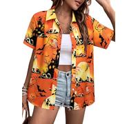 Womens Halloween Hawaiian Shirt Cute Pumpkin Ghosts Print Button Down Shirts Short Sleeve Loose Fit Castle Blouses Tops, Orange, L