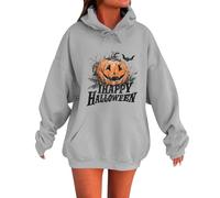 Womens Halloween Hoodie Fresh Pumpkin Printed Long Sleeve Pullover Fashionable Autumn Hooded Jacket Funny Pumpkin Face Witch Printed Thermal Autumn Winter Jumper (Grey, S)