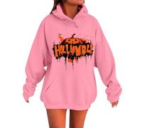 Womens Halloween Hoodie Oversized Comfortable Long Sleeve Pullover Plain Color Autumn Winter Jumper Funny Pumpkin Face Witch Printed Loose Fit Hooded Leisure Jacket (Pink, XXL)