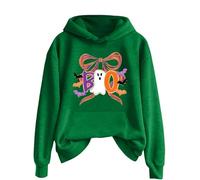 Women's Halloween Hoodie with Cute Ghost - Hoodie with 'Boo' Lettering, Autumn Sweatshirt for the Scary Season, Style_y02 Green, S