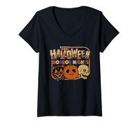 Womens Halloween Horror Nights Lil Boo and Icons Front & Back V-Neck T-Shirt
