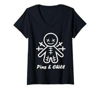 Womens Halloween Horror pins and chill Funny Voodoo Doll V-Neck T-Shirt