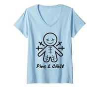 Womens Halloween Horror pins and chill Funny Voodoo Doll V-Neck T-Shirt