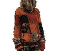 Women's Halloween Horror Spooky Face Pumpkin Patchwork Knit Cozy Sweatshirt Funny Top (UK, Alpha, XXL, Regular, Regular, Autumn)