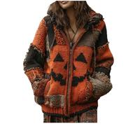 Women's Halloween Horror Spooky Face Pumpkin Patchwork Knit Cozy Sweatshirt Funny Top (UK, Alpha, XXL, Regular, Regular, Fall)