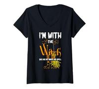 Womens Halloween I'm with The Witch She Has Me Under Her Spell V-Neck T-Shirt