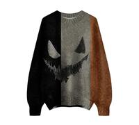 Women's Halloween Jumper in Colour Block Design - Casual Knitted Jumper with Scary Face | Multicoloured Jumper for Autumn Time, style_a02 orange, XL