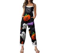 Women's Halloween Jumpsuit Skull Pumpkin Print Suspender Wide Leg Overalls Loose Baggy Skeleton Graphic Dungarees Plus Size Rompers Casual Adjustable Straps One Piece Playsuits with Pockets