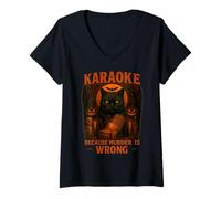 Womens Halloween Karaoke Cat Costume Funny Pun Spooky Design V-Neck T-Shirt
