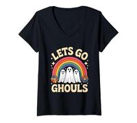 Womens Halloween Lets Go Ghouls Ghost Retro Costume Women Girl Kids V-Neck T-Shirt