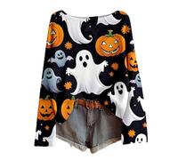 Women's Halloween Long Sleeve Shirt with All-Over Print - Lightweight Waffle Knit Top with Creepy Motifs | Casual Batwing Sleeve Shirt for Autumn, style_c10 black, L