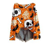 Women's Halloween Long Sleeve Shirt with All-Over Print - Lightweight Waffle Knit Top with Creepy Motifs | Casual Batwing Sleeve Shirt for Autumn, style_c09 orange, L
