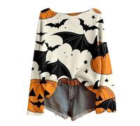 Women's Halloween Long Sleeve Shirt with All-Over Print - Lightweight Waffle Knit Top with Creepy Motifs | Casual Batwing Sleeve Shirt for Autumn, style_c02 beige, L