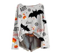 Women's Halloween Long Sleeve Shirt with All-Over Print - Lightweight Waffle Knit Top with Creepy Motifs | Casual Batwing Sleeve Shirt for Autumn, style_c15 gray, L