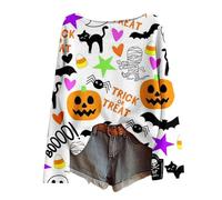 Women's Halloween Long Sleeve Shirt with All-Over Print - Lightweight Waffle Knit Top with Creepy Motifs | Casual Batwing Sleeve Shirt for Autumn, style_c03 white, XXL